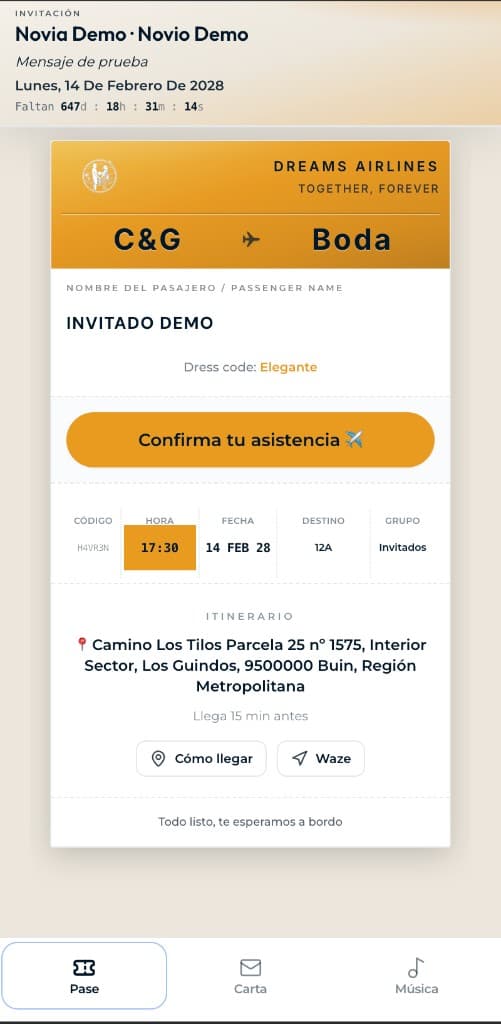 Invitación digital en formato pase de abordaje con confirmación de asistencia